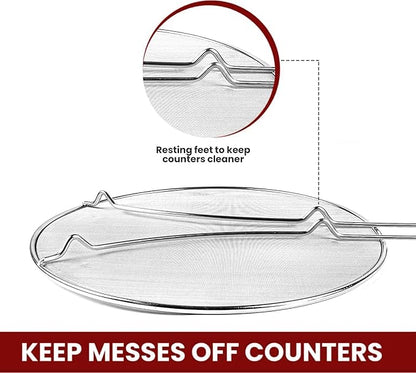 13" Grease Splatter Screen for Cooking | Stainless Steel Oil Splatter Guard and Ultra-Fine Mesh Protects Skin from Burns | Silicone Red Handle - Image 5