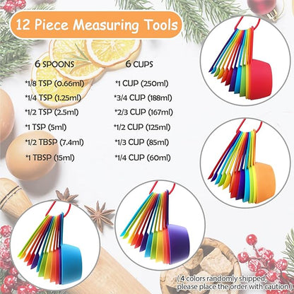 12 Piece Measuring Cups and Spoons Set, Colored Kitchen Measure Tools, Durable Nesting Cups and Spoons for Dry and Liquid, Dishwasher Safe - Image 2
