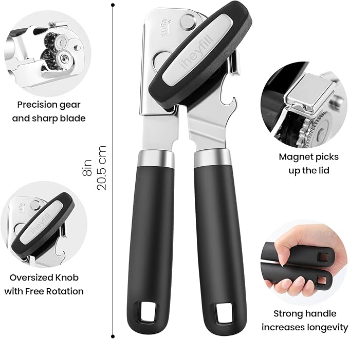 Manual Can Opener with Magnet Lid Lifter,Heavy Duty Handheld Tin Opener and Bottle Opener for Seniors with Smooth Edge Cut,Sharp Cutting Blade, Easy Turn Knob - Image 2
