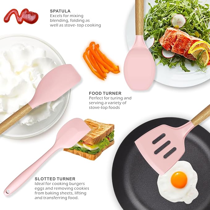 Silicone Kitchen Utensils Set - 446°F Heat Resistant Cooking Utensil Sets, Spatula,Turner,Tongs,Spoon,Brush,Whisk, Wooden Handle Silicone Kitchen Gadgets Tools for Non-Stick Cookware BPA Free (Pink) - Image 3