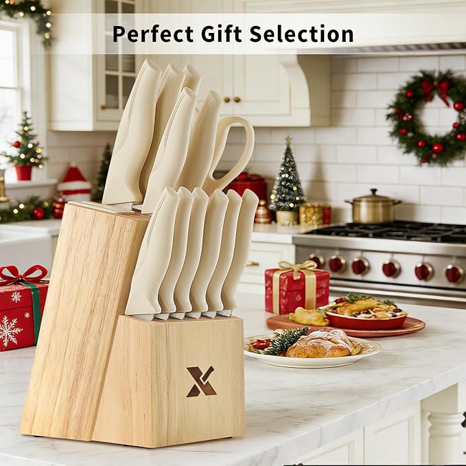XANAPON Knife Set, Dishwasher Safe Kitchen Knife Set, CreamWhite Ergonomic Handle and Ceramic-Coated Blades, Built-in Sharpener Block, Sturdy German Stainless Steel - Image 5