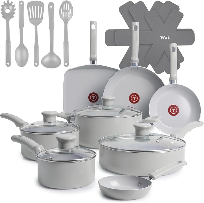 T-Fal Refresh Ceramic Pots and Pans Set, 20-Piece Nonstick Cookware Set, Stockpot, Griddle, Frying Pans, Utensils, Moon Grey by T-falbrand