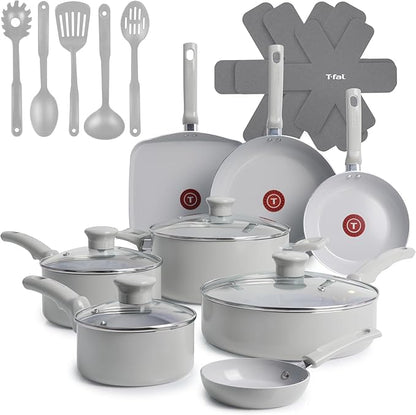 T-Fal Refresh Ceramic Pots and Pans Set, 20-Piece Nonstick Cookware Set, Stockpot, Griddle, Frying Pans, Utensils, Moon Grey by T-falbrand