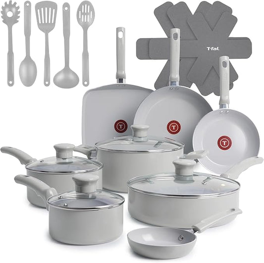 T-Fal Refresh Ceramic Pots and Pans Set, 20-Piece Nonstick Cookware Set, Stockpot, Griddle, Frying Pans, Utensils, Moon Grey by T-falbrand