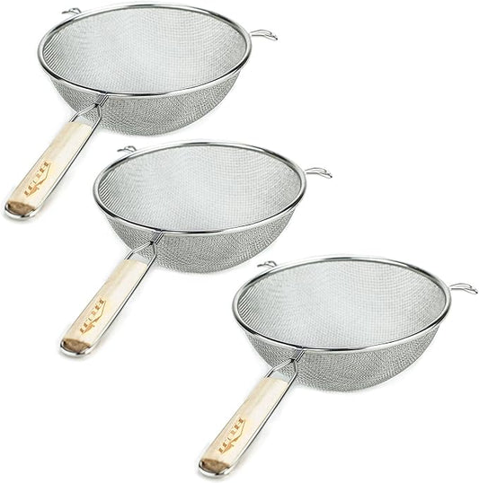 Huji Stainless Steel Fine 8" Double Mesh Food Strainer Colander Sieve Sifter with Wooden Handle for Kitchen Rice Pasta Noodles (3 Pack) by HUJI