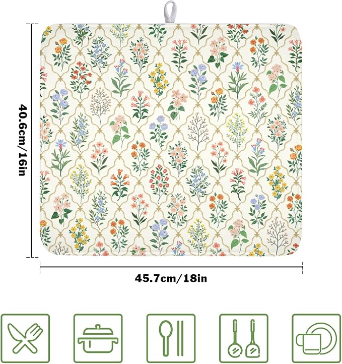 Floral Dish Drying Mat for Kitchen Counter Spring Summer Wild Flowers Diamond Pattern Microfiber Dish Drainer Mat Rustic Absorbent Washable Drying Pad 16"x18"