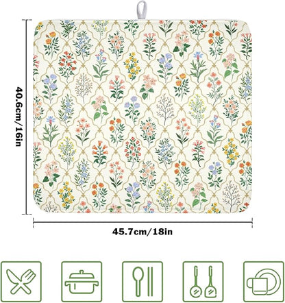 Floral Dish Drying Mat for Kitchen Counter Spring Summer Wild Flowers Diamond Pattern Microfiber Dish Drainer Mat Rustic Absorbent Washable Drying Pad 16"x18"