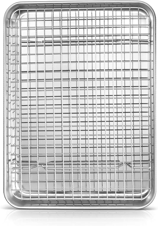 12.5 Inch Baking Sheet Pan with Cooling Rack Set, Joyfair Stainless Steel Toaster Oven Tray Pans with Grid Racks, Rectangular Bakeware for Cookie/Bacon, Heavy Duty & Rust-free, Dishwasher Safe