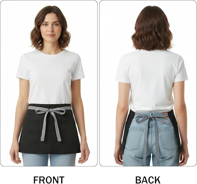BOHARERS 3-Pocket Waist Apron With Black And White Plaid Shoulder Straps - Black Waitress Waiter Server Short Aprons - Image 2