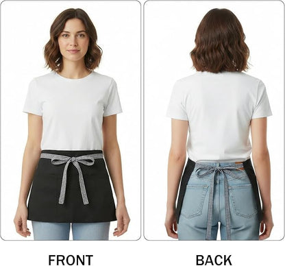 BOHARERS 3-Pocket Waist Apron With Black And White Plaid Shoulder Straps - Black Waitress Waiter Server Short Aprons - Image 2