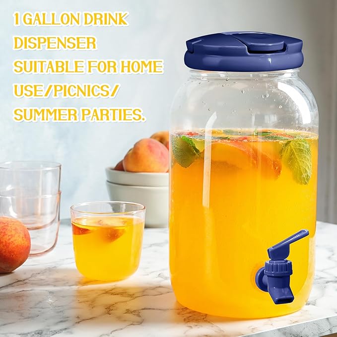 Havawish 2 Pcs 1 Gallon Plastic Beverage Dispenser with Spigot Clear Summer Kitchen Fridge Drink Dispenser for Parties Lemonade Juice Tea Beer Cold Water(Blue,Cylinder)