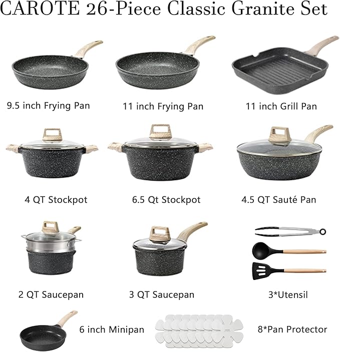 CAROTE 26Pcs Pots and Pans Set, Nonstick Cookware Sets, Granite Induction Cookware Non Stick Cooking Set w/Frying Pans & Saucepans(PFOS, PFOA Free) - Image 2