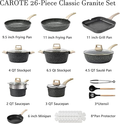 CAROTE 26Pcs Pots and Pans Set, Nonstick Cookware Sets, Granite Induction Cookware Non Stick Cooking Set w/Frying Pans & Saucepans(PFOS, PFOA Free) - Image 2