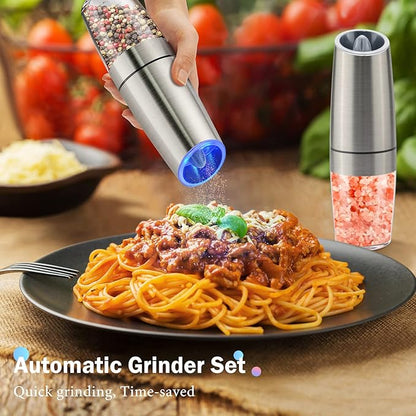 Gravity Electric Salt and Pepper Grinder Set, Battery Powered LED Light One Hand Automatic Operation, Adjustable Coarseness Mill Grinders Shakers Black (B.Silver 2p)