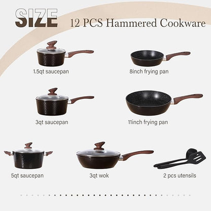 Kitchen Academy Induction Pots and Pans Set Non Stick - 12 Pcs Nonstick Kitchen Cookware Set, Black Hammered Cooking Pans Set - Image 7