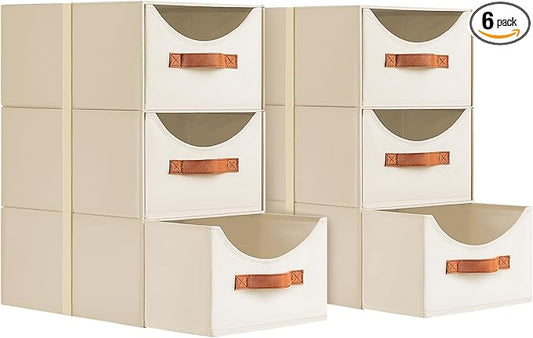 Homsorout Stackable Storage Drawers - Collapsible Storage Bins with Drawers, 6 Pack Closet Shelf Organizer Basket, Fabric Pull Out Organizer for Bedroom, Living Room, Dorm, Beige