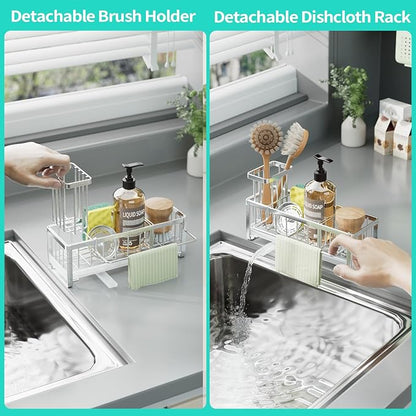 HapiRm Sponge Holder for Kitchen Sink - Self-draining Sink Caddy with Brush Holder and Dishcloth Holder, Stainless Steel Kitchen Organizer - Silver - Image 3