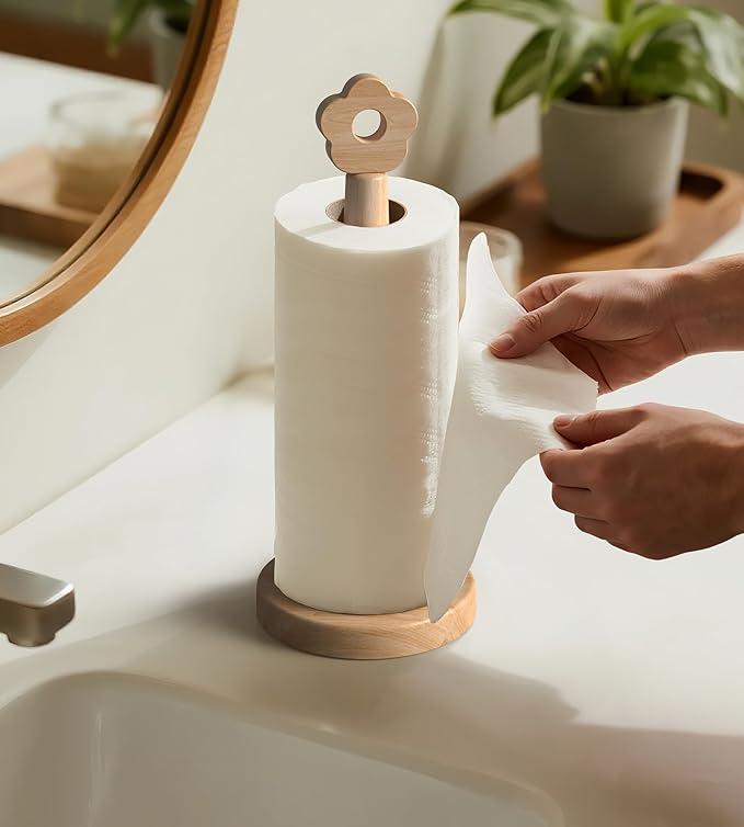 KitchLife Cute Wooden Paper Towel Holder for Countertop with Weighted Base – Solid Freestanding Paper Towel Stand Dispenser with Anti-Slip Base, Flower Top - Image 7