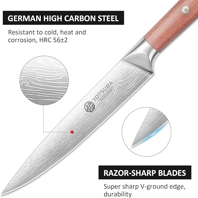 YOTSUBA Japanese Carving Knife and Fork Set, Razor-Sharp German Stainless Steel, Full Tang Ergonomic Rosewood Handle, Slicing Knife for Meats, BBQ & Brisket, Premium Gift Set