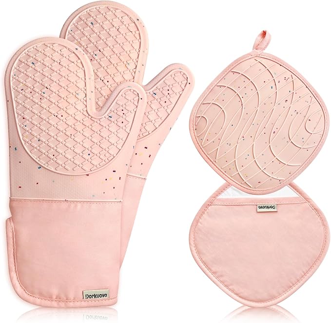 Pink Oven Mits, Heat Resistant, Non-Slip Grip Pattern, Baking Gloves for Oven, Kitchen Pot Holders,1 Pair by Dorkuovahome