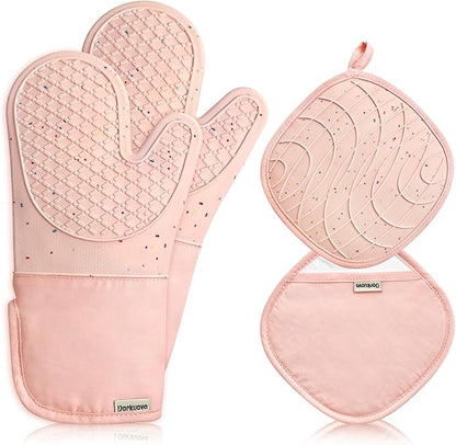 Pink Oven Mits, Heat Resistant, Non-Slip Grip Pattern, Baking Gloves for Oven, Kitchen Pot Holders,1 Pair by Dorkuovahome