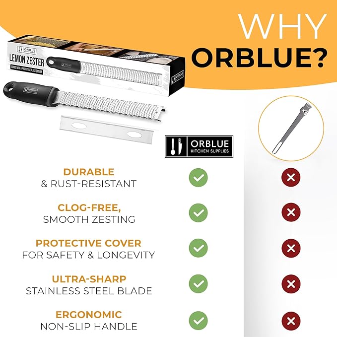 Orblue Lemon Zester & Cheese Grater - Premium Citrus Zester, Kitchen Grater for Parmesan, Chocolate, Fruits, Vegetables, Ginger, Garlic, Nutmeg - Stainless Steel Blades with Protective Cover, Black - Image 8