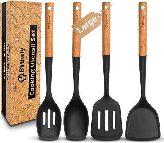 4PCS Silicone Cooking Utensils Set, Large Nonstick Spatula Spoons Set with Wooden Handle, Silicone Cooking Spatula Set, Heat Resistant Solid and Slotted Turners, Serving Spoon(Black)