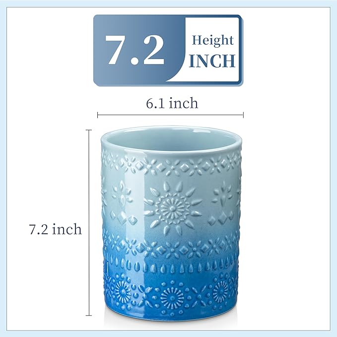 LOVECASA Extra Large Kitchen Utensil Holder, 7.2" Ceramic Farmhouse Utensil Holder For Kitchen Décor Countertop With Heavy And Sturdy Base, Utensil Crock Organizer, Blue - Image 2