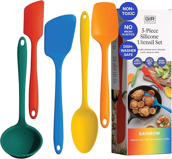 GIR 5-Piece Silicone Kitchen Utensils Set, Non-Toxic Cooking Utensils for Cooking and Baking, Heat Resistant, Food Grade, Dishwasher Safe Rubber Spatula, Ladle, Spoon - Rainbow by GIRGetItRight