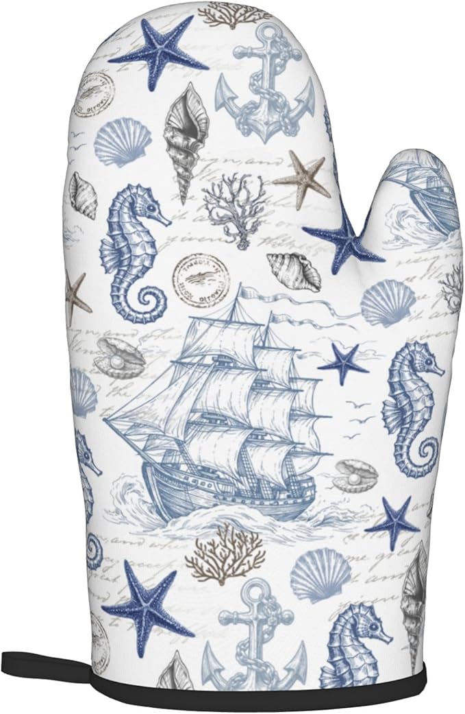 Navy Blue Oven Mitts and Pot Holders Sets Summer Beach Starfish Seashell Oven Glove Hot Pads for Kitchen Nautical Chef Gifts for Cooking Lover Cooks - Image 8