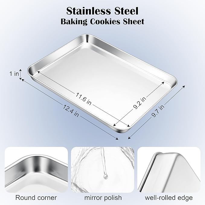 E-far Stainless Steel Baking Sheet, 12.4” x9.7” Baking Cookie Sheet Pan for Oven, Non-toxic Metal Toaster Oven Tray for Cake Cookie, Healthy & Rust Free, Mirror Finish & Dishwasher Safe, 1 Pack - Image 2