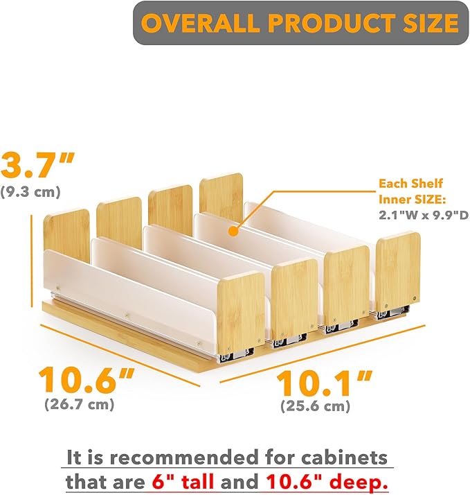 SpaceAid Bamboo Pull Out Spice Rack Organizer for Cabinet, Heavy Duty Slide Out Seasoning Kitchen Pantry Sliding Vertical Organization, 10.1" Wide, 4 Drawers(2" Wide), 1-Tier, Natural - Image 3