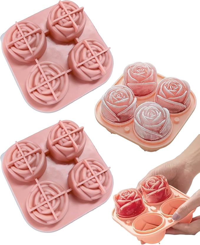 Rose Ice Cube Tray, 4 Cavity 3D Flower Shaped Silicone Ice Mold for Whiskey, Cocktails & Iced Coffee, Novelty Ice Cube Mold for Home Bar & Party Drinks (2Pcs)