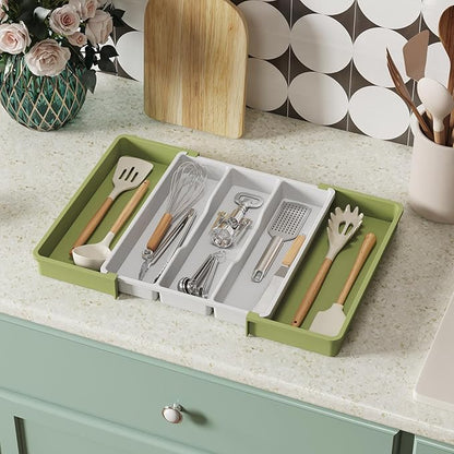 Lifewit Utensil Organizer for Kitchen Drawers, Expandable Cooking Utensil Tray, Adjustable Cutlery Silverware Flatware Holder, Plastic Spatula Tools Storage Divider, 13-22 x 15", Green&White - Image 7
