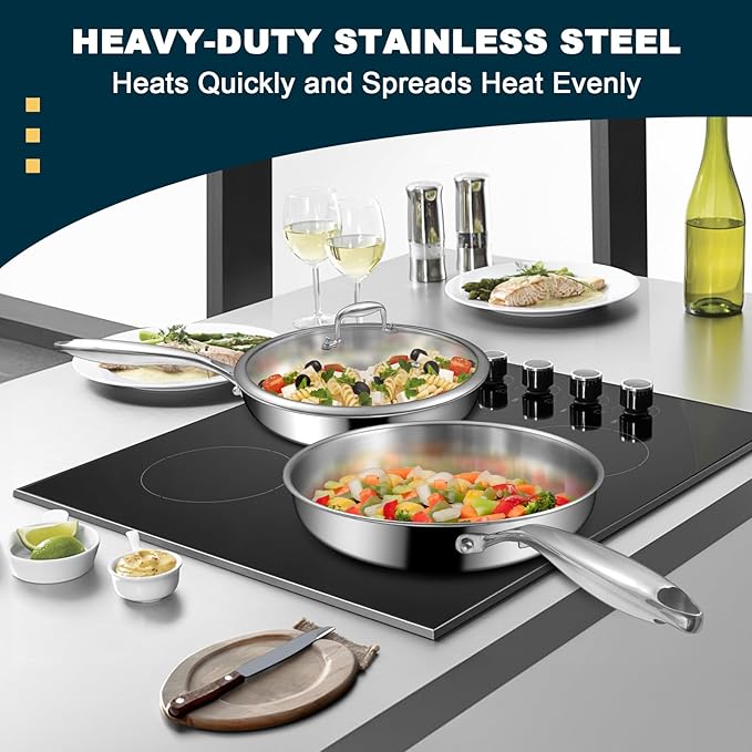 Tri-Ply Stainless Steel Frying Pans Set with Lid, EWFEN 8”/10”/12” Cooking pans, PFOA&PTFE Free Skillet, Induction Cooking Pan, Dishwasher and Oven Safe, Fast & Even Heat, Suitable for All Stove - Image 7