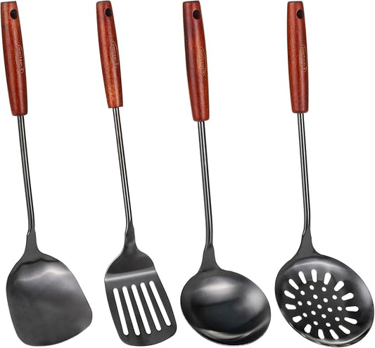 FJNATINH 17inch Wok Spatula and Ladle, Skimmer Spoon, Slotted Turner Spatula Set 304 Stainless Steel Kitchen Utensils Sets, 4-Pieces Cooking Utensils Tools Wok Accessories by HOMEKITCHENTOOL