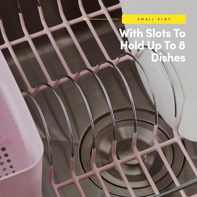 Dish Drying Rack & Cutlery Holder 2 Piece Set - Compact Sink-Fitting Dish Drainer with Rubberized Undercoating, Space-Saving Kitchen Organizer for Plates, Cups, Bowls & Utensils in Sink, Pale Pink - Image 5