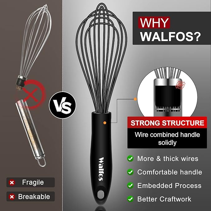 Walfos Silicone Whisk,Stainless Steel Wire Whisk Set of 3 -Heat Resistant 480°F Kitchen Whisks for Non-stick Cookware,Balloon Egg Beater Perfect for Blending,Whisking,Beating,Frothing & Stirring,Black - Image 2