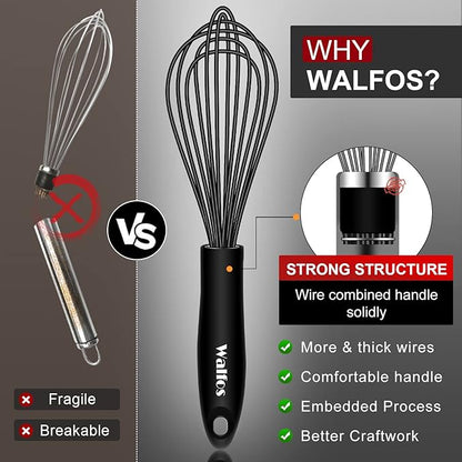Walfos Silicone Whisk,Stainless Steel Wire Whisk Set of 3 -Heat Resistant 480°F Kitchen Whisks for Non-stick Cookware,Balloon Egg Beater Perfect for Blending,Whisking,Beating,Frothing & Stirring,Black - Image 2