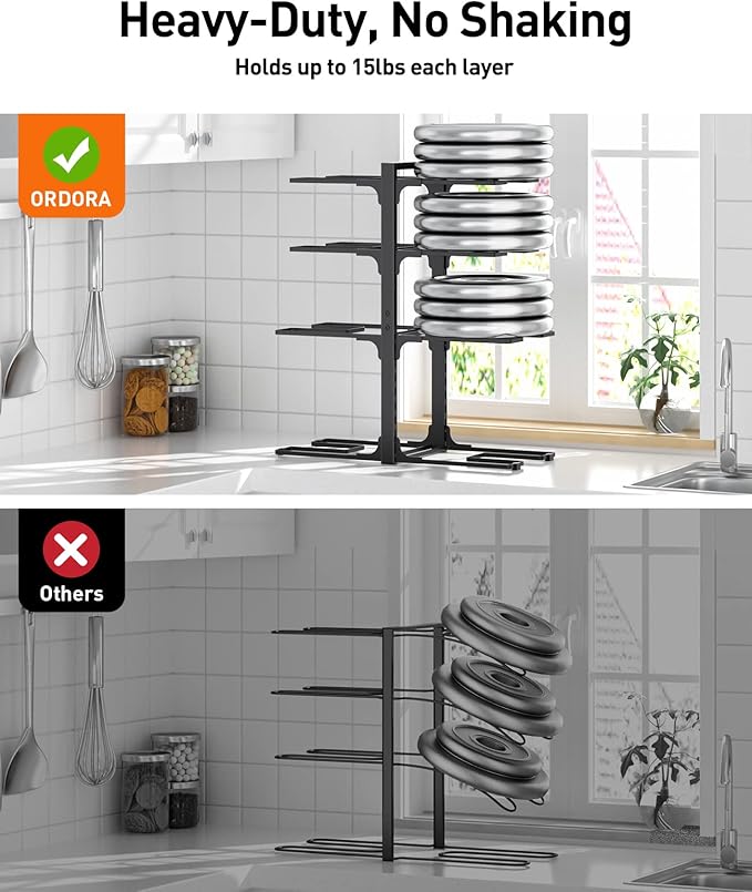 ORDORA Pots and Pans Organizer: under Cabinet, 20.8" Height Heavy Duty 120LBS Pots Pans Organizer Rack for under Cabinet 8-Tier Adjustable for Big Stockpots, Dutch Oven, Cast-iron Pans, Heavy Cookware - Image 6