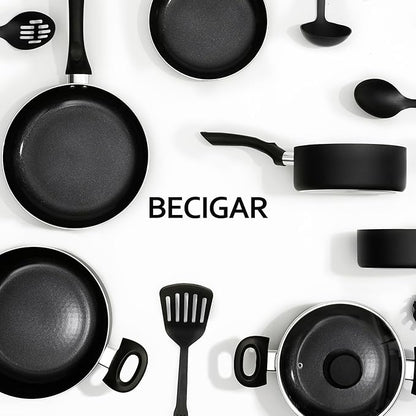 BECIGAR 8pcs Black Ceramic Pots and Pans Set, Cooking Pan Set,Cooking Pot Set Ceramic Pan Set, Nonstick Cookware Set, Induction Safe Kitchen Cooking Set with Frying Pans, Saucepans, shovel and Ladle - Image 4