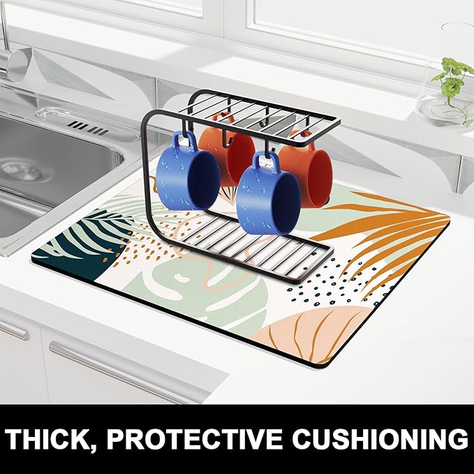 Rnivvi Dish Drying Mat for Kitchen Counter, 16 x 18" Cute Boho Theme Absorbent Heat Resistant Drying Pad with Non-slip Rubber, Coffee Bar Mats for Coffee Machine Dish Rack, Tropical Leaves - Image 2