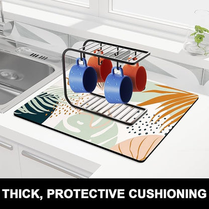 Rnivvi Dish Drying Mat for Kitchen Counter, 16 x 18" Cute Boho Theme Absorbent Heat Resistant Drying Pad with Non-slip Rubber, Coffee Bar Mats for Coffee Machine Dish Rack, Tropical Leaves - Image 2