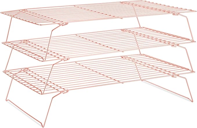 Cooling Rack for Baking 3 Tiers, 16" x 10" Cookie Cooling Wire Rack Stackable Collapsible Nonstick, Stainless Steel Baking Cooking Cooling Racks with Optimum Air Flow, Rose Gold by Briout