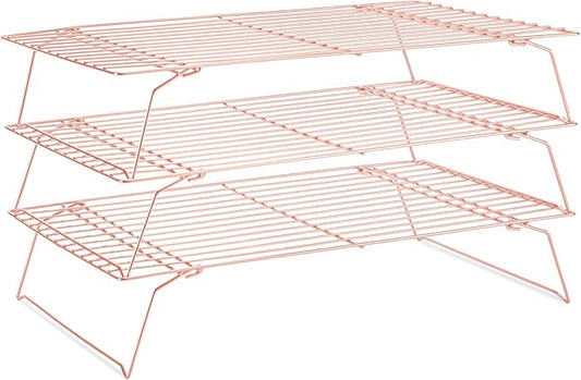 Cooling Rack for Baking 3 Tiers, 16" x 10" Cookie Cooling Wire Rack Stackable Collapsible Nonstick, Stainless Steel Baking Cooking Cooling Racks with Optimum Air Flow, Rose Gold by Briout