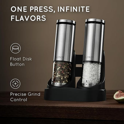 Flendy Electric Salt and Pepper Grinder Set Rechargeable, Automatic Salt and Pepper Grinder Set with Oversized Top Button, Stainless Steel Electric Salt and Pepper Shakers Set