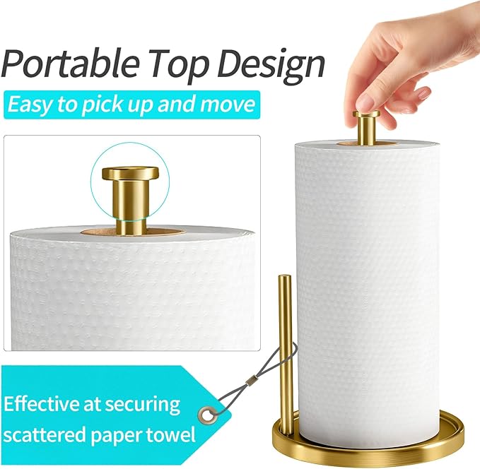 Paper Towel Holder Countertop, Standing Paper Roll Holder with Anti Slip Weighted Base, Stainless Steel Freestanding Paper Towel Holder for Kitchen, Gold - Image 2