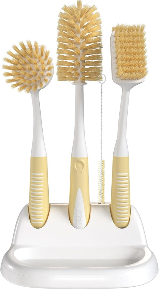 Dish Brush Set of 5 with Holder - Kitchen Scrub Brushes with Non-Slip Long Handle for Cleaning, Scrubber, Dishwashing, Dishes, Bottles, Straws, Cups, Pots & Sink, Baige by TrazonProducts