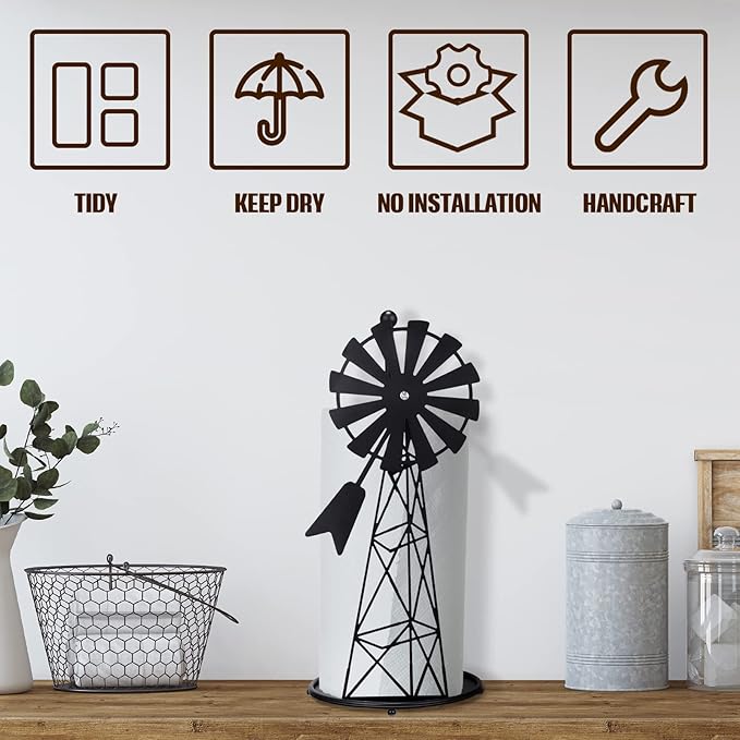 Vesici Windmill Paper Towel Holder Western Farmhouse Standing Paper Towel Roll Holder Black Countertop Metal Farm Decor Rustic Country Kitchen Rack for Kitchen Bathroom Home, 14.4 Inch