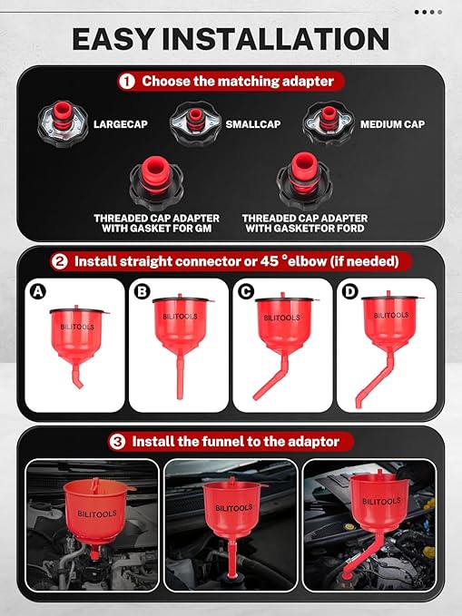 BILITOOLS No-Spill Coolant Funnel Kit - 12PCS Specialized Radiator Flush & Burping Funnel Kit with 5 Adapters, Compatible with GM & Ford, Leak-Proof & Air Bleeding Radiator Fill Funnel, Thickened Set